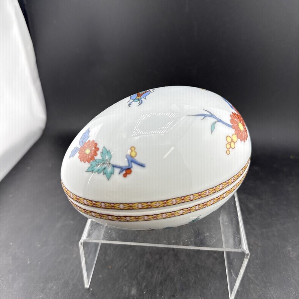 Vintage Bernardaud Limoges France Porcelain Egg Trinket Box Fou Tcheou Pattern